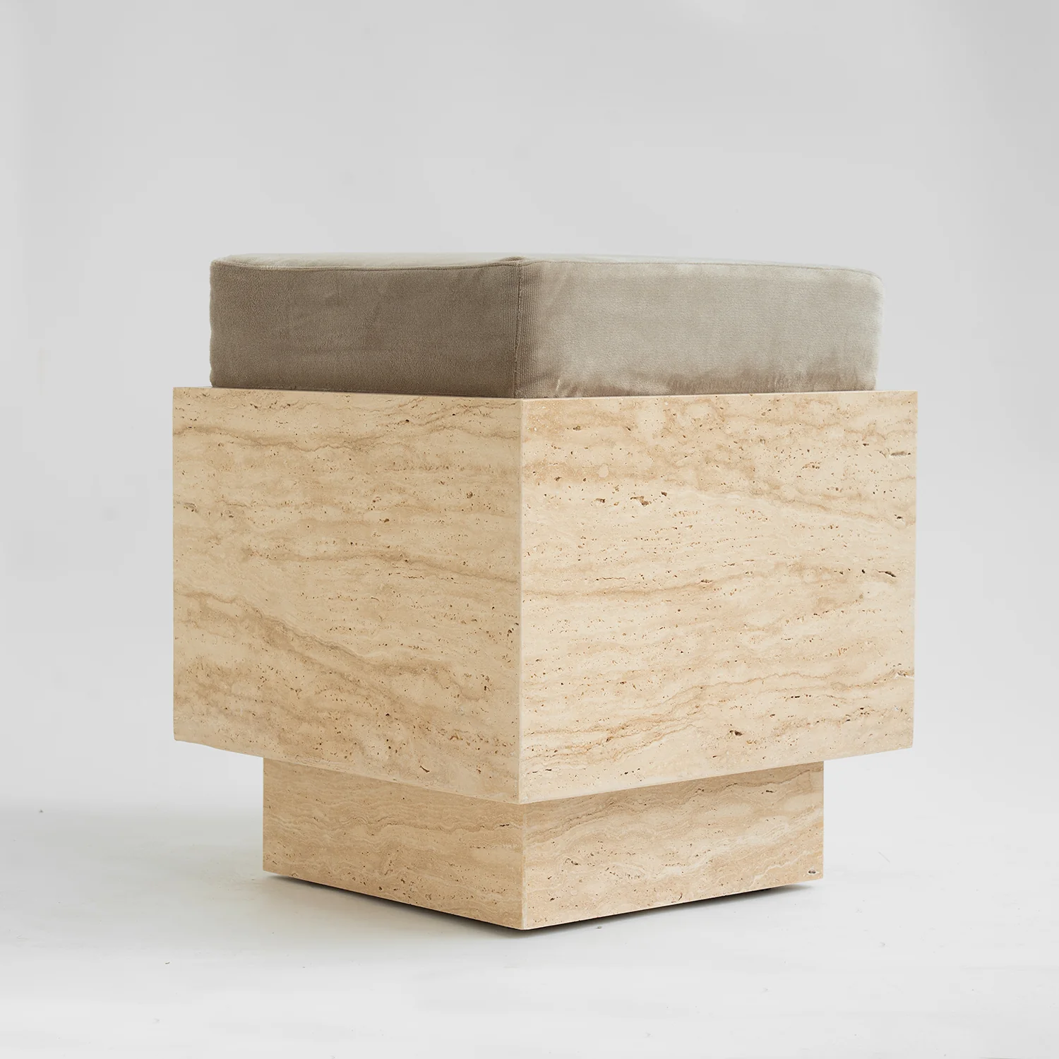 TRAVERTINE CUBE STOOL WITH VELVET CUSHION - Image 3